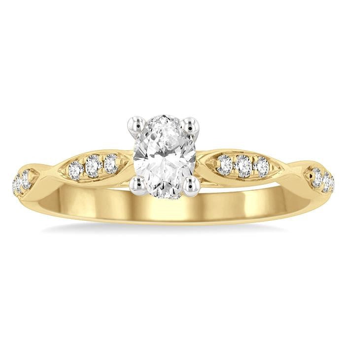 1/2 Ctw Round & Oval Cut Diamond Engagement Ring With 1/3 Ctw Oval Cut Center Stone in 14K Yellow and White Gold