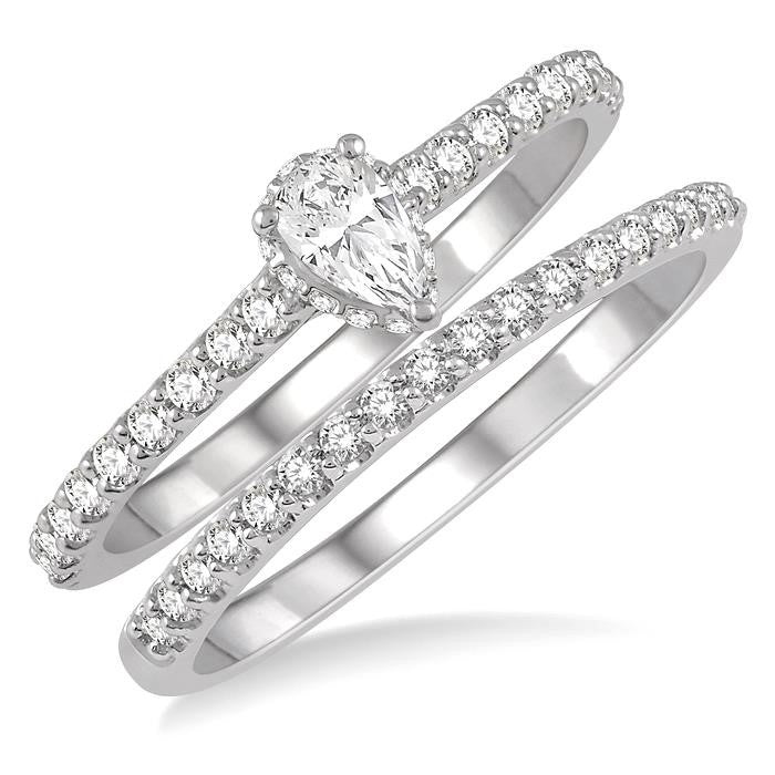 3/4 Ctw Diamond Wedding Set With 5/8 Ct Pear Cut Diamond Engagement Ring and 1/6 Ct Wedding Band in 14K White Gold