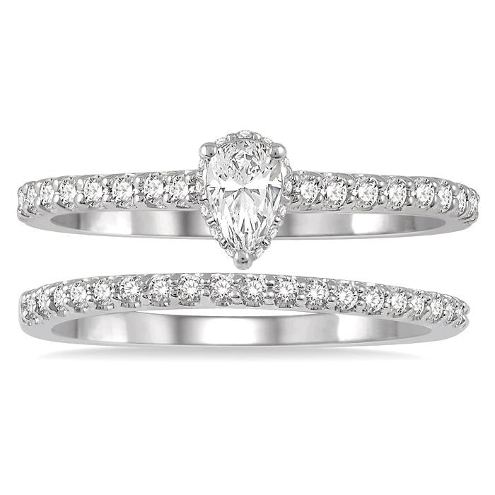 3/4 Ctw Diamond Wedding Set With 5/8 Ct Pear Cut Diamond Engagement Ring and 1/6 Ct Wedding Band in 14K White Gold