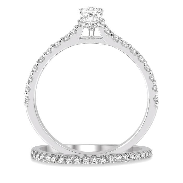 3/4 Ctw Diamond Wedding Set With 5/8 Ct Pear Cut Diamond Engagement Ring and 1/6 Ct Wedding Band in 14K White Gold
