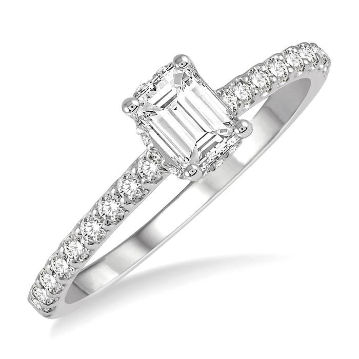 5/8 Ctw Round Cut Diamond Ladies Engagement Ring With 3/8 Ct Emerald Cut Center Stone in 14K White Gold