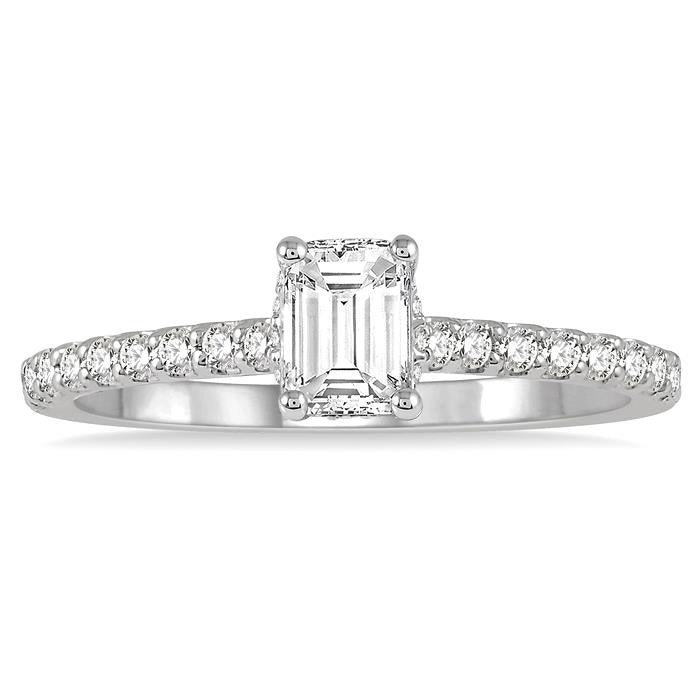 5/8 Ctw Round Cut Diamond Ladies Engagement Ring With 3/8 Ct Emerald Cut Center Stone in 14K White Gold