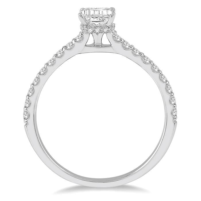 5/8 Ctw Round Cut Diamond Ladies Engagement Ring With 3/8 Ct Emerald Cut Center Stone in 14K White Gold