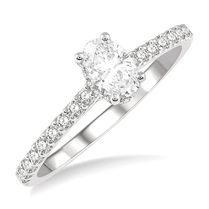 5/8 Ctw Oval Shape Center Stone Ladies Engagement Ring with 3/8 Ct Oval Cut Center Stone in 14K White Gold