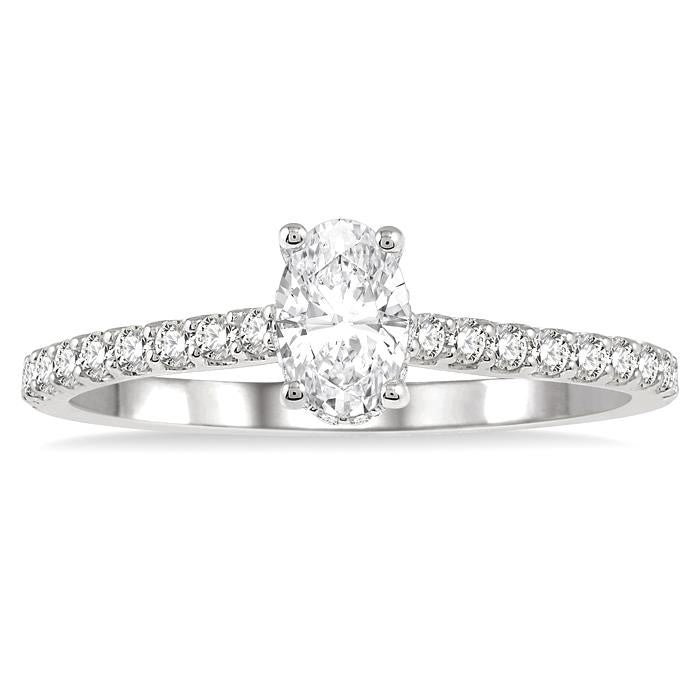 5/8 Ctw Oval Shape Center Stone Ladies Engagement Ring with 3/8 Ct Oval Cut Center Stone in 14K White Gold