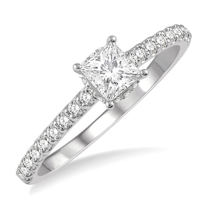 5/8 Ctw Princess Center Stone Ladies Engagement Ring with 3/8 Ct Princess Cut Center Stone in 14K White Gold