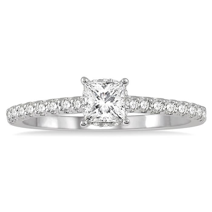 5/8 Ctw Princess Center Stone Ladies Engagement Ring with 3/8 Ct Princess Cut Center Stone in 14K White Gold