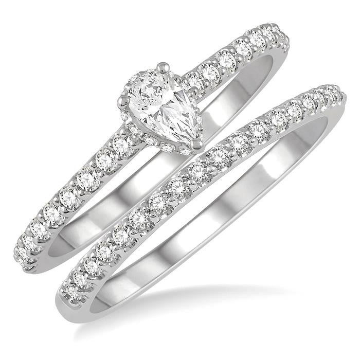 5/8 Ctw Round Cut Diamond Wedding Set With 1/2 Ct Pear Cut 1/4 Ct Center Stone Engagement Ring and 1/6 Ct Wedding Band in 14K White Gold