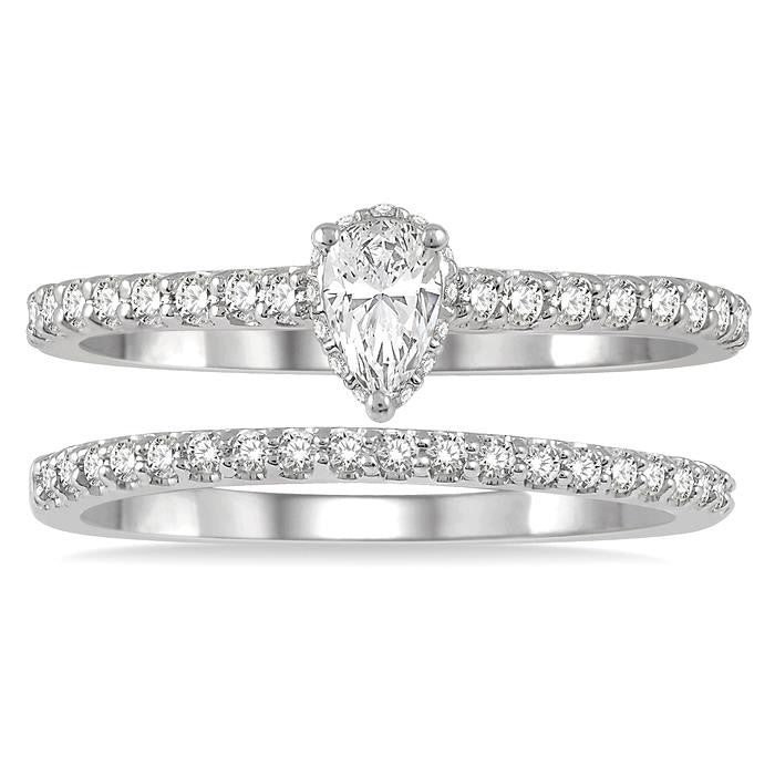 5/8 Ctw Round Cut Diamond Wedding Set With 1/2 Ct Pear Cut 1/4 Ct Center Stone Engagement Ring and 1/6 Ct Wedding Band in 14K White Gold