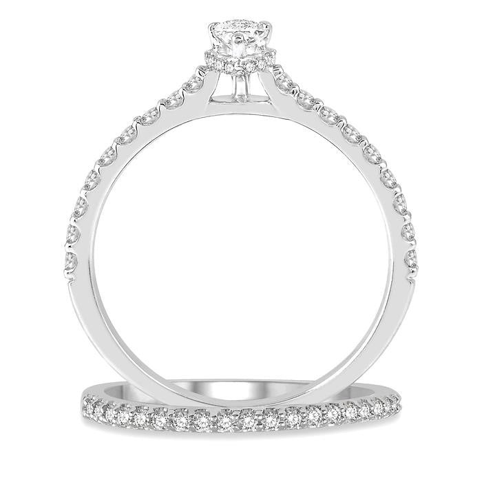 5/8 Ctw Round Cut Diamond Wedding Set With 1/2 Ct Pear Cut 1/4 Ct Center Stone Engagement Ring and 1/6 Ct Wedding Band in 14K White Gold