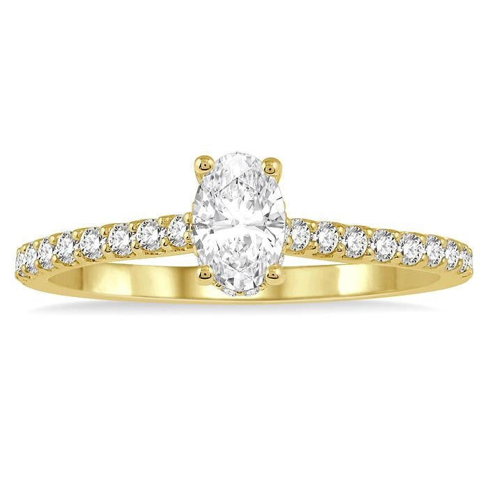 5/8 Ctw Oval Shape Center Stone Ladies Engagement Ring with 3/8 Ct Oval Cut Center Stone in 14K Yellow Gold