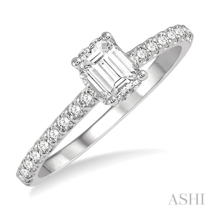 5/8 Ctw Round Cut Diamond Ladies Engagement Ring With 3/8 Ct Emerald Cut Center Stone in 14K White Gold