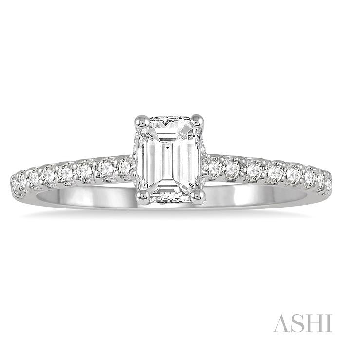 5/8 Ctw Round Cut Diamond Ladies Engagement Ring With 3/8 Ct Emerald Cut Center Stone in 14K White Gold