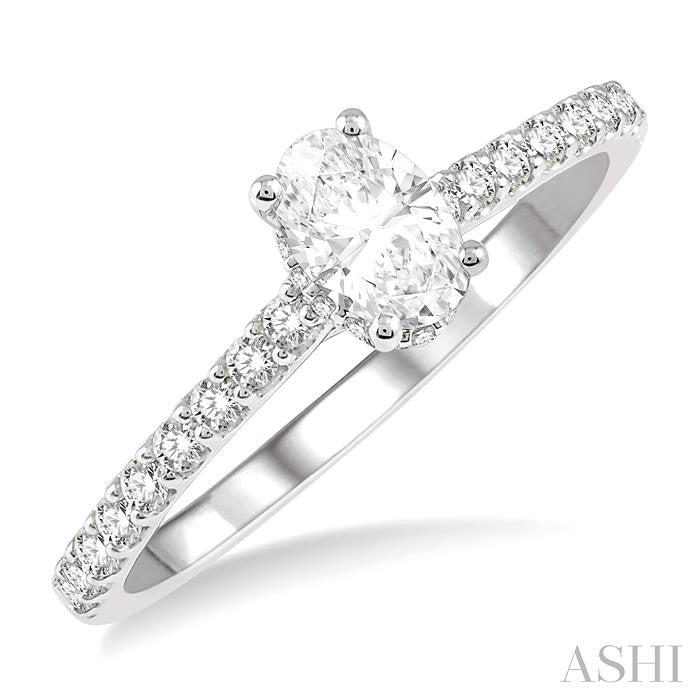 5/8 Ctw Oval Shape Center Stone Ladies Engagement Ring with 3/8 Ct Oval Cut Center Stone in 14K White Gold