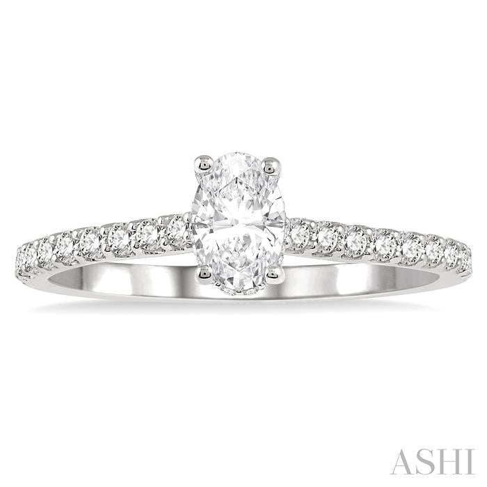 5/8 Ctw Oval Shape Center Stone Ladies Engagement Ring with 3/8 Ct Oval Cut Center Stone in 14K White Gold