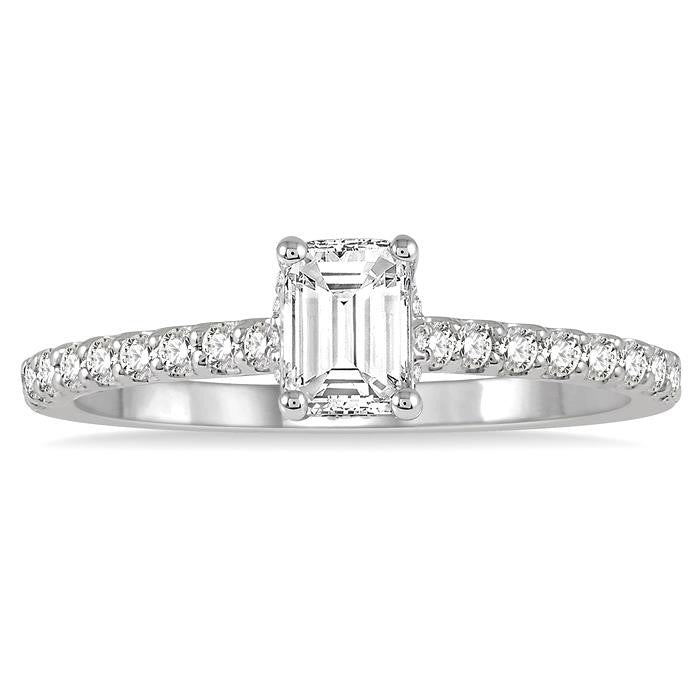 1/2 Ctw Round Cut Diamond Ladies Engagement Ring With 1/4 Ct Emerald Cut Center Stone in 14K White Gold
