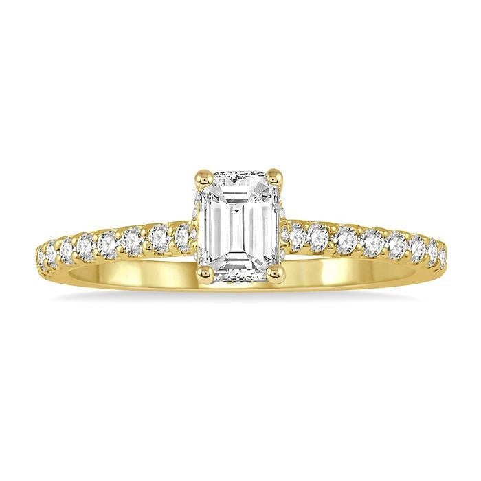 1/2 Ctw Round Cut Diamond Ladies Engagement Ring With 1/4 Ct Emerald Cut Center Stone in 14K Yellow Gold
