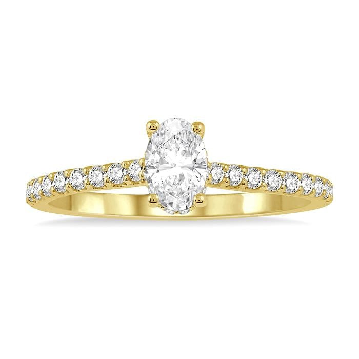 1/2 Ctw Round Cut Diamond Engagement Ring With 1/4 Ct Oval Cut Center Stone in 14K Yellow Gold