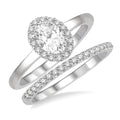 3/8 Ctw Round Cut Diamond Wedding Set With 1/3 Ct Halo 1/4 Ct Oval Cut Center Stone Engagement Ring and 1/10 Ct Wedding Band in 14K White Gold