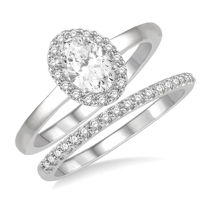3/8 Ctw Round Cut Diamond Wedding Set With 1/3 Ct Halo 1/4 Ct Oval Cut Center Stone Engagement Ring and 1/10 Ct Wedding Band in 14K White Gold