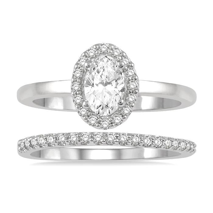 3/8 Ctw Round Cut Diamond Wedding Set With 1/3 Ct Halo 1/4 Ct Oval Cut Center Stone Engagement Ring and 1/10 Ct Wedding Band in 14K White Gold