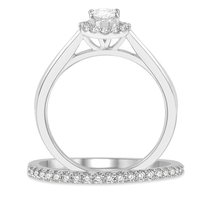 3/8 Ctw Round Cut Diamond Wedding Set With 1/3 Ct Halo 1/4 Ct Oval Cut Center Stone Engagement Ring and 1/10 Ct Wedding Band in 14K White Gold