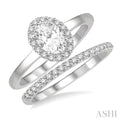 3/8 Ctw Round Cut Diamond Wedding Set With 1/3 Ct Halo 1/4 Ct Oval Cut Center Stone Engagement Ring and 1/10 Ct Wedding Band in 14K White Gold