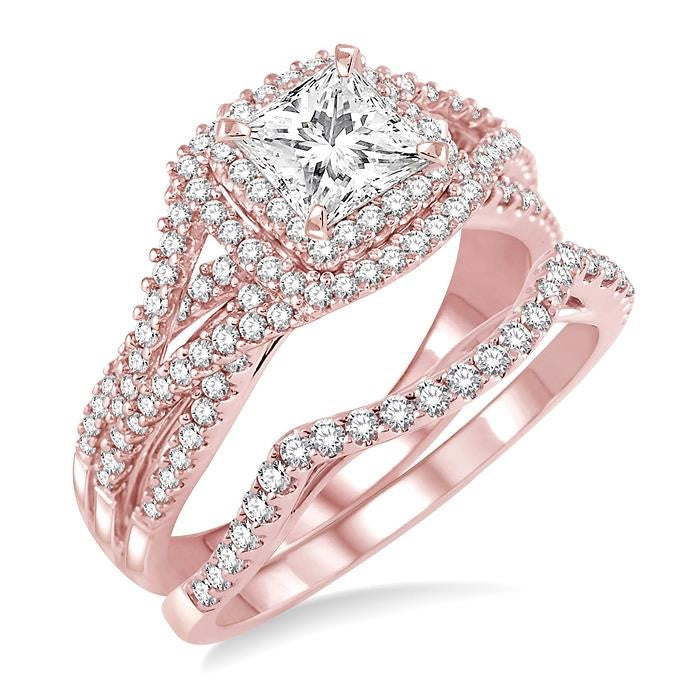 1 1/6 Ctw Diamond Wedding Set with 1 Ctw Princess Cut Engagement Ring and 1/5 Ctw Wedding Band in 14K Rose Gold