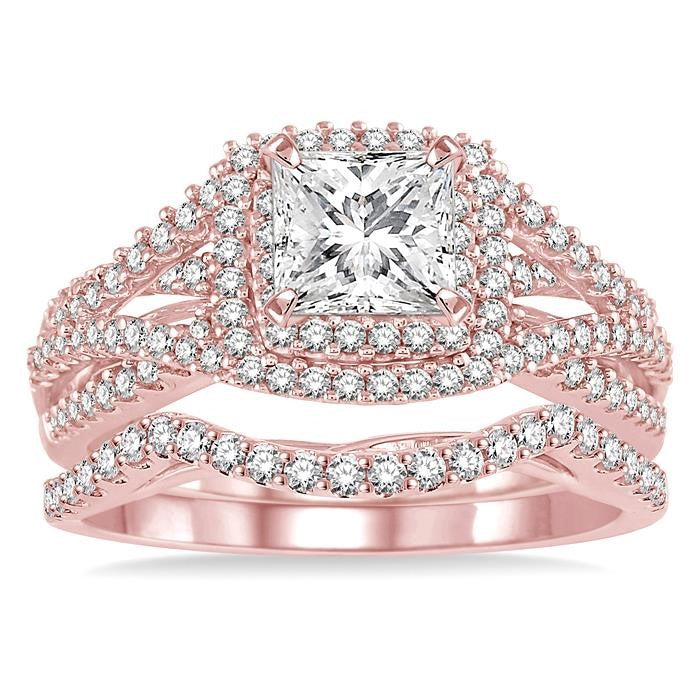 1 1/6 Ctw Diamond Wedding Set with 1 Ctw Princess Cut Engagement Ring and 1/5 Ctw Wedding Band in 14K Rose Gold