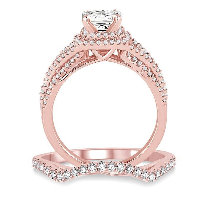 1 1/6 Ctw Diamond Wedding Set with 1 Ctw Princess Cut Engagement Ring and 1/5 Ctw Wedding Band in 14K Rose Gold