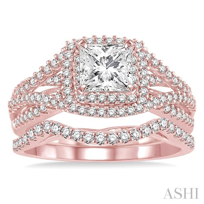 1 1/6 Ctw Diamond Wedding Set with 1 Ctw Princess Cut Engagement Ring and 1/5 Ctw Wedding Band in 14K Rose Gold