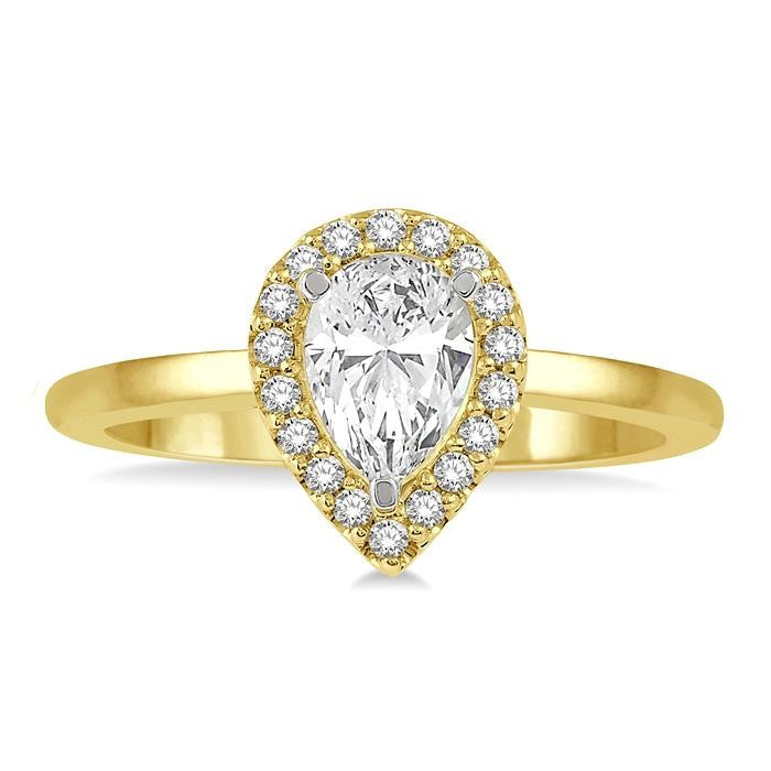 1/3 Ctw Round Cut Diamond Halo Engagement Ring With 1/4 Ct Pear Cut Center Stone in 14K Yellow and White Gold