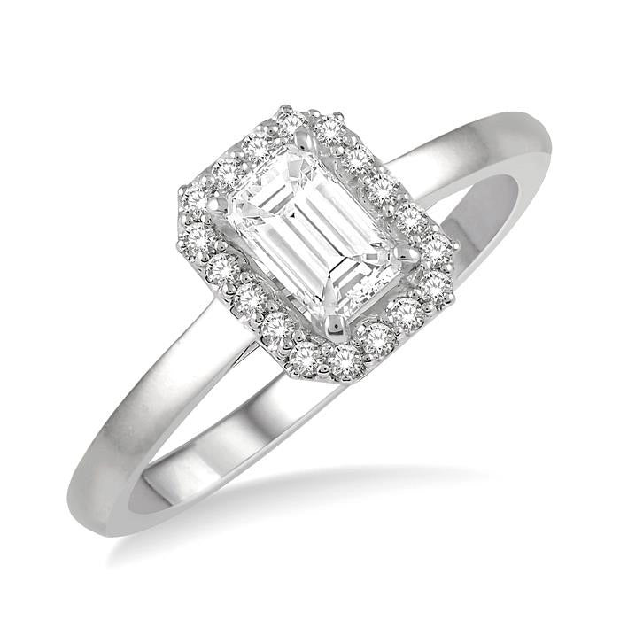 1/3 Ctw Round Cut Diamond Engagement Ring With 1/4 Ct Emerald Cut Center Stone in 14K White Gold