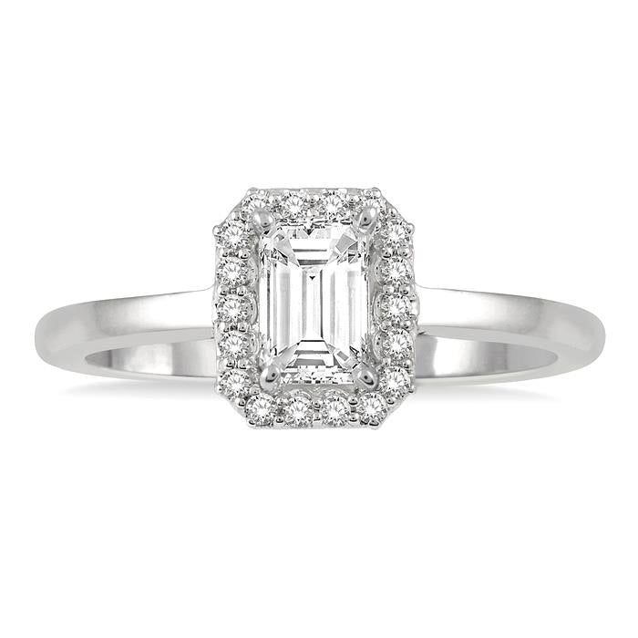 1/3 Ctw Round Cut Diamond Engagement Ring With 1/4 Ct Emerald Cut Center Stone in 14K White Gold