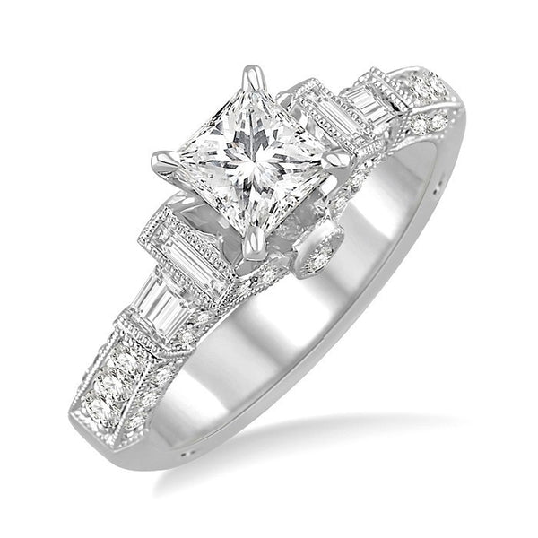 1 1/2 Ctw Diamond Engagement Ring with 3/4 Ct Princess Cut Center Stone in 14K White Gold