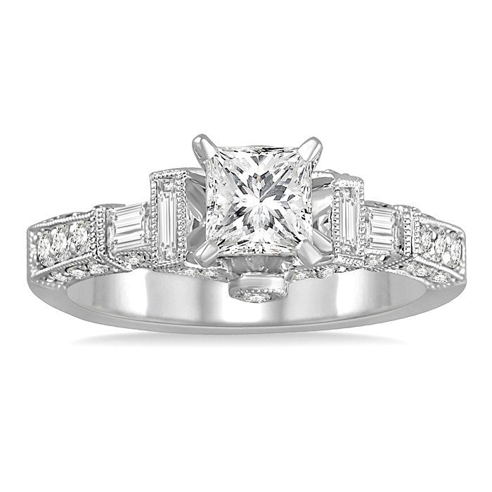 1 1/2 Ctw Diamond Engagement Ring with 3/4 Ct Princess Cut Center Stone in 14K White Gold
