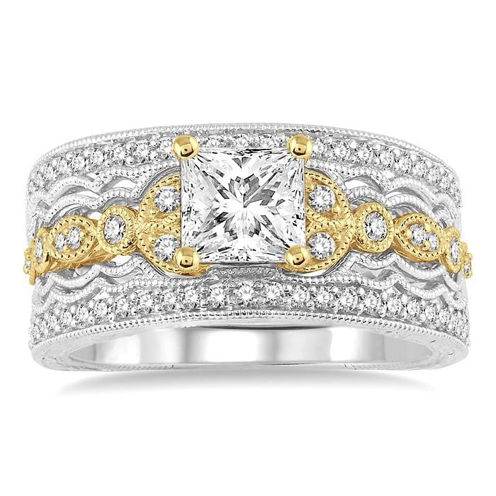 3/4 Ctw Diamond Wedding Set with 1/2 Ctw Princess Cut Engagement Ring and 1/3 Ctw Wedding Band in 14K Yellow and White Gold