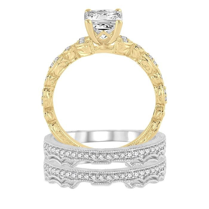3/4 Ctw Diamond Wedding Set with 1/2 Ctw Princess Cut Engagement Ring and 1/3 Ctw Wedding Band in 14K Yellow and White Gold