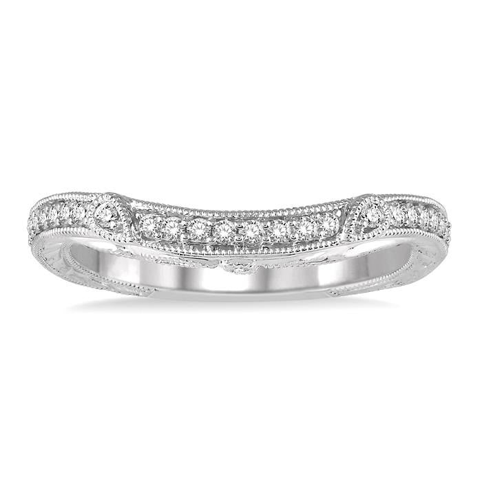 1/6 Ctw Round Diamond Wedding Band with Vintage Detailing in 14K White Gold
