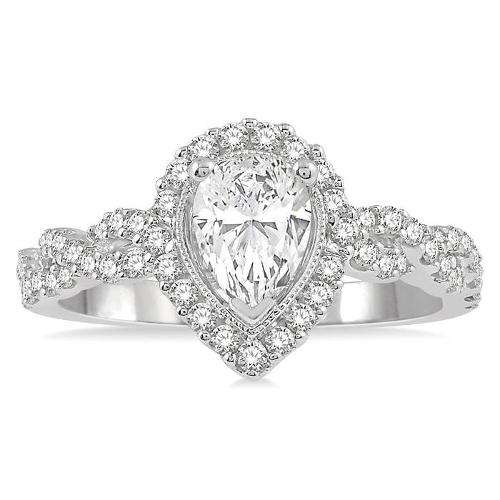 3/4 Ctw Intertwined Shank Round Cut Diamond Ladies Engagement Ring with 3/8 Ct Pear Shaped Center Stone in 14K White Gold