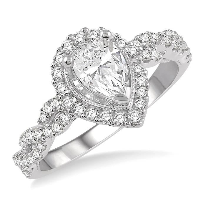 3/4 Ctw Intertwined Shank Round Cut Diamond Ladies Engagement Ring with 3/8 Ct Pear Shaped Center Stone in 14K White Gold