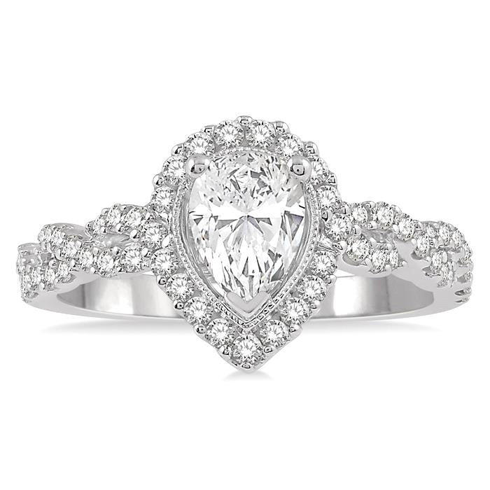 3/4 Ctw Intertwined Shank Round Cut Diamond Ladies Engagement Ring with 3/8 Ct Pear Shaped Center Stone in 14K White Gold