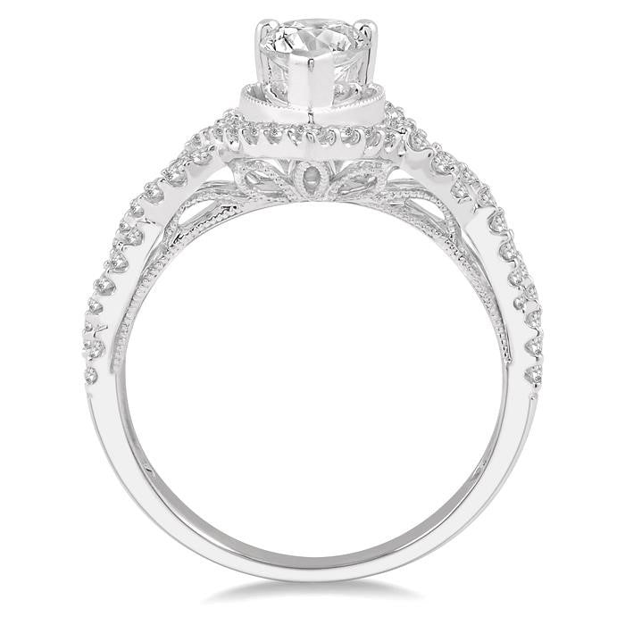 3/4 Ctw Intertwined Shank Round Cut Diamond Ladies Engagement Ring with 3/8 Ct Pear Shaped Center Stone in 14K White Gold