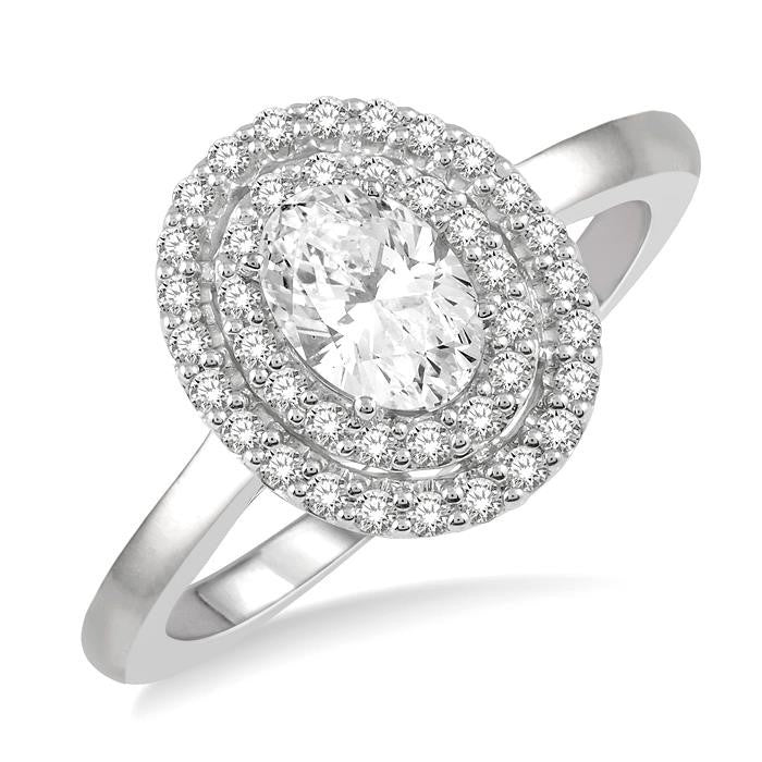 3/4 Ctw Round & Oval Cut Diamond Ladies Engagement Ring with 1/2 Ctw Oval Cut Center Stone in 14K White Gold