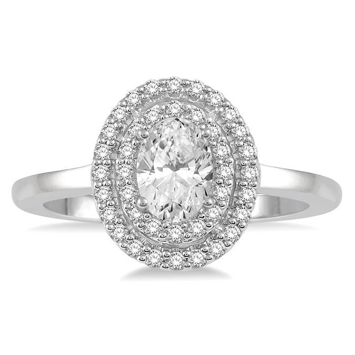 3/4 Ctw Round & Oval Cut Diamond Ladies Engagement Ring with 1/2 Ctw Oval Cut Center Stone in 14K White Gold
