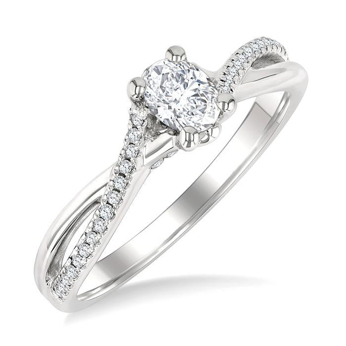 1/2 Ctw Split Criss Cross Shank Round Cut Diamond Engagement Ring With 1/3 Ct Oval Cut Diamond Center Stone in 14K White Gold