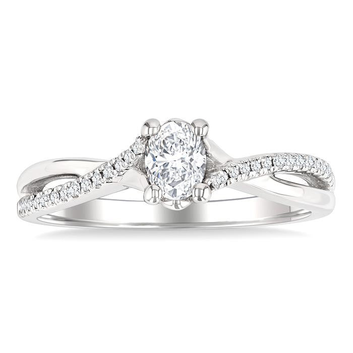 1/2 Ctw Split Criss Cross Shank Round Cut Diamond Engagement Ring With 1/3 Ct Oval Cut Diamond Center Stone in 14K White Gold