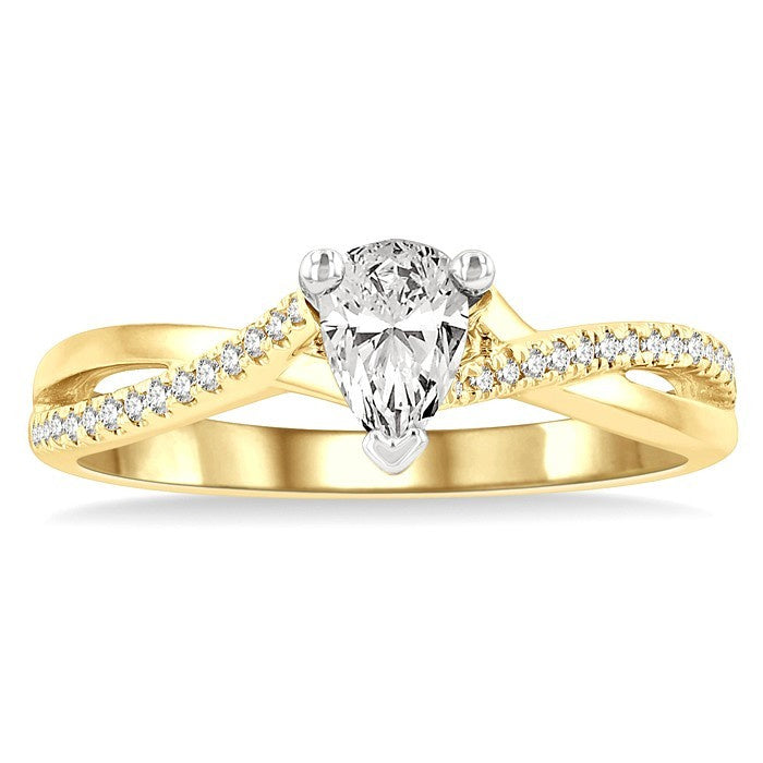 1/2 Ctw Split Crossover Shank Round & Pear Cut Diamond Engagement Ring with 1/3 Ctw Pear Cut Center Stone in 14K Yellow and White Gold