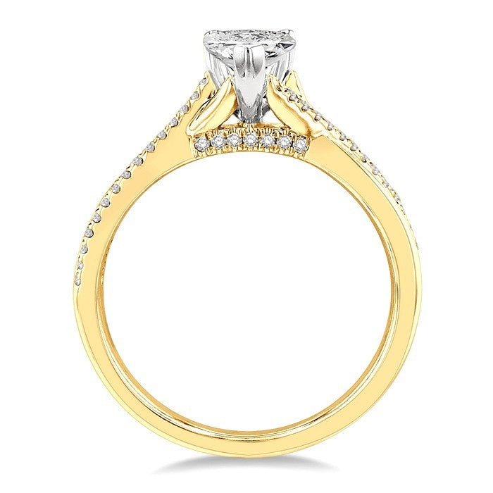 1/2 Ctw Split Crossover Shank Round & Pear Cut Diamond Engagement Ring with 1/3 Ctw Pear Cut Center Stone in 14K Yellow and White Gold