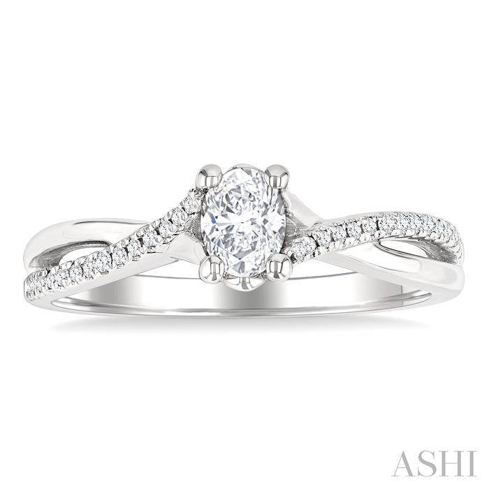 1/2 Ctw Split Criss Cross Shank Round Cut Diamond Engagement Ring With 1/3 Ct Oval Cut Diamond Center Stone in 14K White Gold